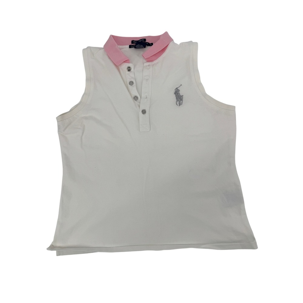 Ralph Lauren Big Pony Golf Polo Shirt Women L White Pink Sleeveless Tailored